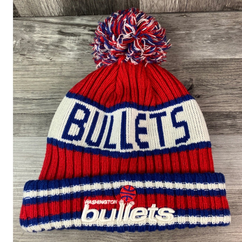 New Era Washington Bullets NBA Hardwood Classics Cuffed Pom Beanie Hat Red Blue